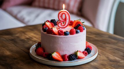 Delicious pink birthday cake adorned with fresh berries and number nine candle