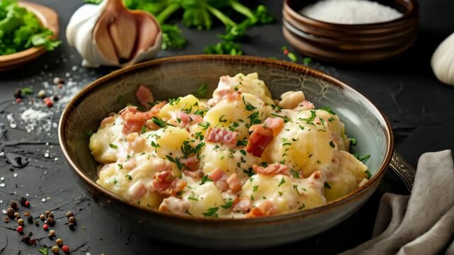 Slovakian bryndzove halusky, potato dumplings with creamy sheep cheese and crispy bacon, in a rustic wooden bowl. A hearty and delicious Slovak dish