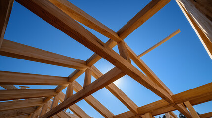Wooden roof trusses under construction against clear blue sky on a sunny day.

