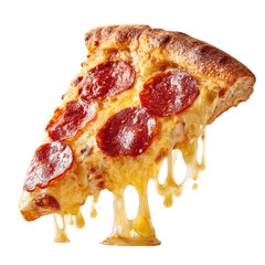 A slice of pepperoni pizza with melted cheese stretching down, featuring a golden-brown crust and several pepperoni slices on top.