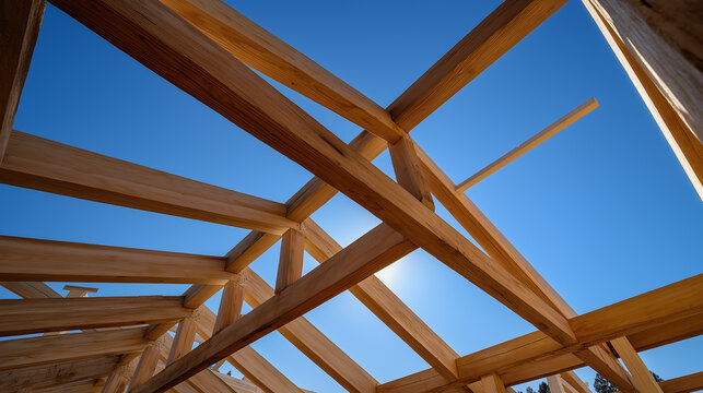 Wooden roof trusses under construction against clear blue sky on a sunny day.

