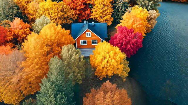 Colorful Autumn Landscape with Cozy Cottage