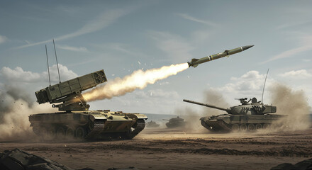 Tank Launching Missile on Battlefield Under Sky