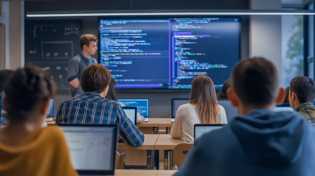 Teacher explaining code to students in a classroom with large screen and laptops.
