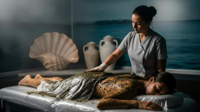 A female spa therapist applies a natural mud wrap to a woman on a bed, beauty and body care treatment footage.
