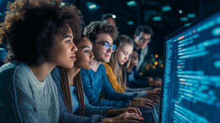Group of young programmers collaborating on a project in a high-tech environment with visible code on screen.
