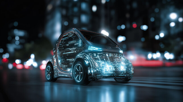 Futuristic compact smart car with digital interface effects driving through a glowing city at night.
