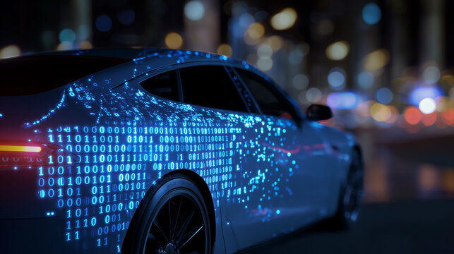 Modern electric car with illuminated digital data graphics on its body in a city at night.
