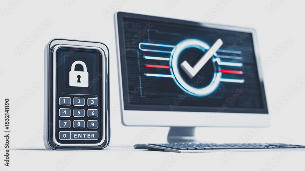 Poster data security: a depiction of data security featuring a secure keypad and a computer screen displayi