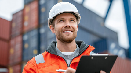 Confident Male Construction Worker Wearing Safety Helmet and Orange Jacket Holding Clipboard at Busy Shipping Container Yard
