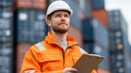 Confident Male Construction Worker Wearing Safety Helmet and Orange Jacket Holding Clipboard at Busy Shipping Container Yard