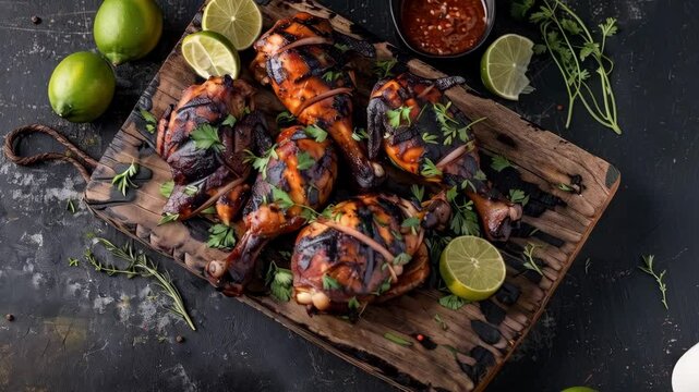 Jamaican jerk chicken, marinated and grilled with jerk seasoning, served on a plank with charred limes and spicy sauce. A fiery Jamaican classic