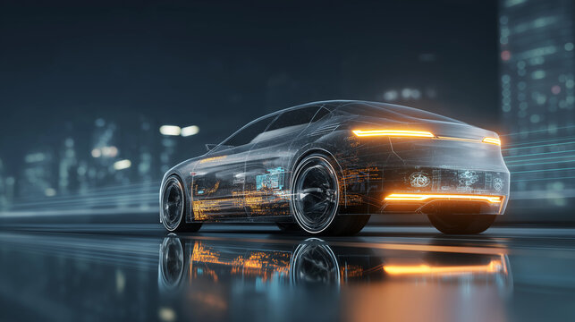 Modern electric car with illuminated digital data graphics on its body in a city at night.
