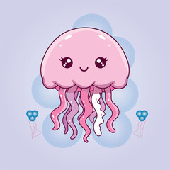 Cute pink jellyfish cartoon illustration vector
