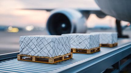 Cargo Packages Wrapped in Protective Netting on Conveyor Belt Ready for Airplane Loading at Airport During Sunset