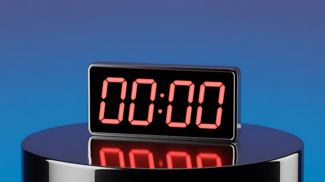 Digital clock displaying zero time against a blue gradient background with reflection