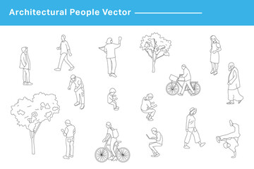 CAD Drawings. Set people outlines isolated on white background. Sitting, walking, dancing, etc. Vector illustration.	