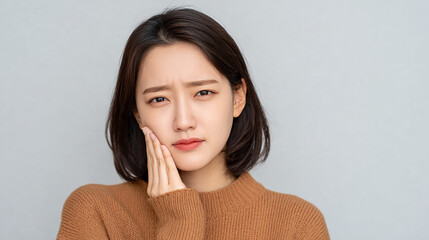 Young Woman Holding Her Cheek with a Painful Expression Showing Signs of Toothache and Facial Discomfort