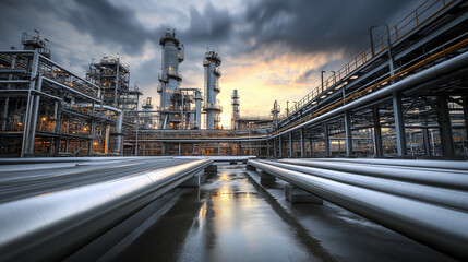 Wide-angle view of an industrial oil refinery with steel pipelines at sunset.

