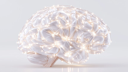 Digital rendering of a glowing neural brain network with pink and blue nodes on a light background.
