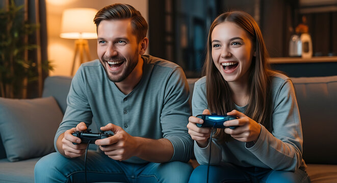 Competitive Couple: Thrilling Gaming Night at Home
