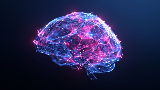 Glowing digital brain with interconnected neural pathways in pink and blue on a dark background.
 - Powered by Adobe