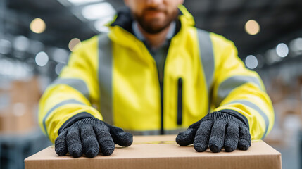 Warehouse Worker Wearing High Visibility Jacket and Gloves Holding Cardboard Box Ready for Shipping and Handling in Busy Industrial Environment