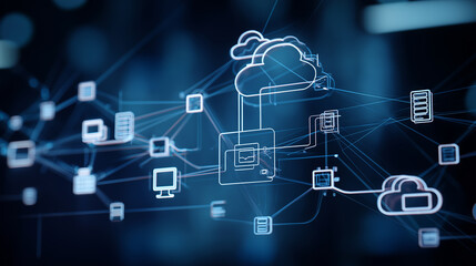 Futuristic digital cloud icons interconnected in a virtual data network.
