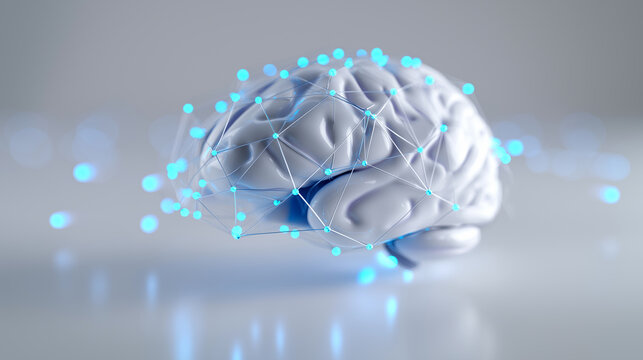 Futuristic transparent brain model with glowing neural connections on a blurred background.
