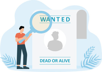 Male detective animation looking at wanted people on the poster while using magnifying glass. Cartoon in 4k resolution concept

