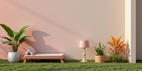 A modern garden with chic sofas and luxurious decor in a warm home atmosphere.