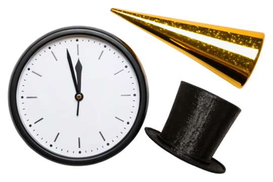 Clock with party hat and golden party cone isolated with transparent background