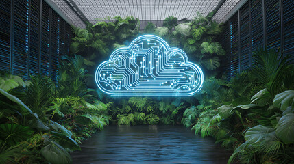 Futuristic neon cloud icon floating in a green server room filled with tropical plants.
