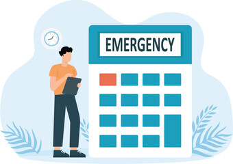 Businessman animation counting emergency fund with calculator and alarm clock concept

