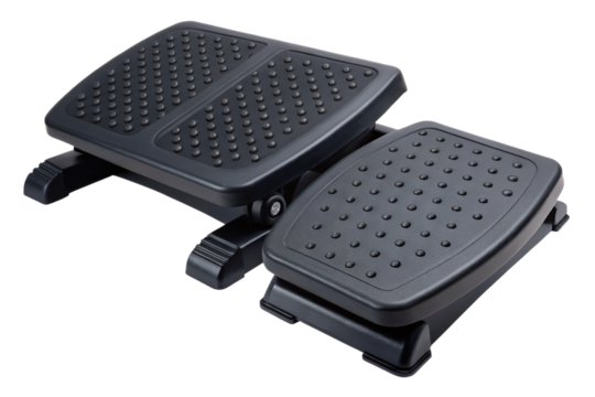 Black adjustable footrest with textured pads isolated with transparent background