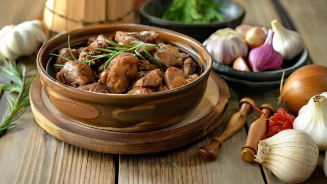 Filipino adobo in a ceramic bowl. Chicken and pork simmered in soy sauce, vinegar, and garlic