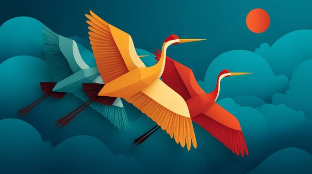 Paper Folding Art Revival cultural exchange crane geometric fold icons international craft motif precision art diffusion vector illustration