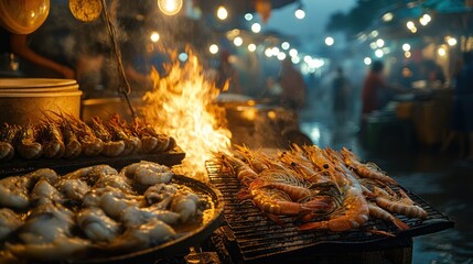 Night Market Delights: Grilled Seafood Under Rainy Skies