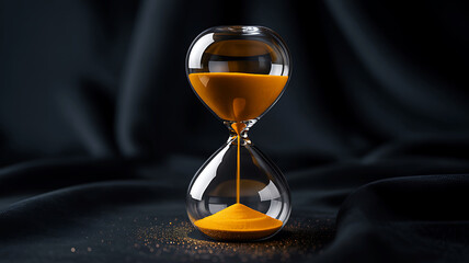 Elegant hourglass with golden sand on black background capturing concept of time passing