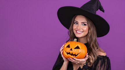 A smiling woman in a witch costume holds a pumpkin with a carved face on a purple background - a stylish Halloween studio scene with an emphasis on emotions