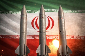 irani missile is launching infront of a iran flag