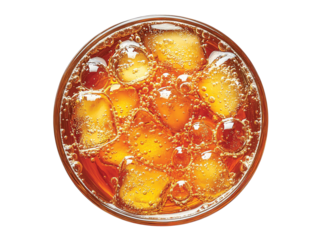 Glass of cold orange juice with ice and bubble top view  isolated on transparent or white background, png 