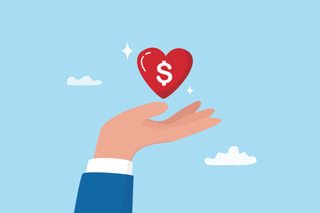 Nonprofit charity donation, help or support or community assistance, giving or volunteer, care or sharing friendship concept, hand holding heart shape with dollar sign as non profit charity.