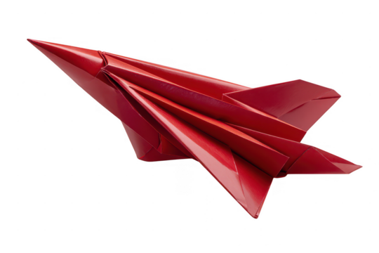 Red origami paper airplane soaring through the sky, isolated on a transparent background
