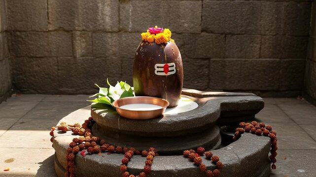 Shiva Lingam Idol in a Temple with Brown Beads and Flowers Against Gray Brick Wall in Natural Lighting and Copper Plate Containing Milk