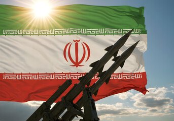 iranian flag and missile weapons symbolizing defense and military strength

