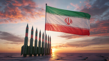 iranian military readiness shown with missiles and waving flag in background

