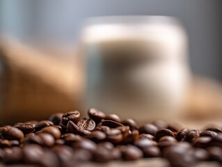 Close-up of coffee beans in the foreground with out-of-focus cups and drinks in the background, using a macro lens for product photography to highlight clear textures and colors.