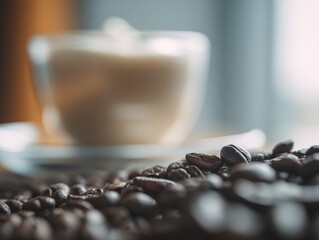Close-up of coffee beans in the foreground with out-of-focus cups and drinks in the background, using a macro lens for product photography to highlight clear textures and colors.