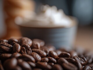 Close-up of coffee beans in the foreground with out-of-focus cups and drinks in the background, using a macro lens for product photography to highlight clear textures and colors.